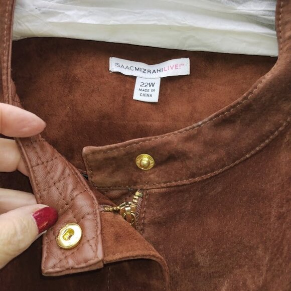 Isaac Mizrahi Women's 22W Suede Leather Moto Jacket Brown Rust Quilted Zip Up - Picture 3 of 15